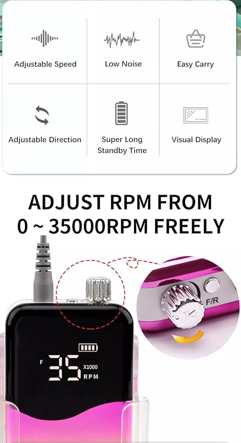 M Mase- Professional Nail Drill Machine - Coreless 2-in-1 Nail File - Electric, Cordless, 35000 RPM, HD Display - Electric Nail Drill for Professional & Home Use (Metallic Gold)-VivaGrace Women