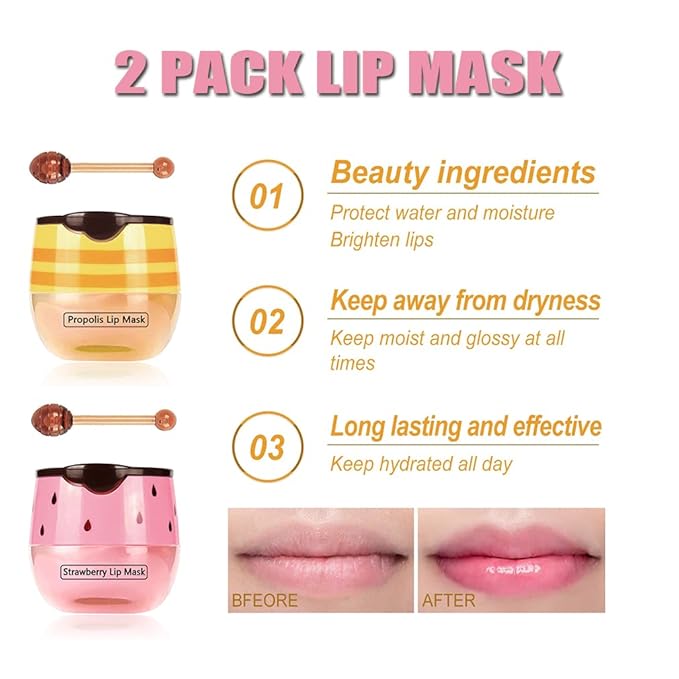 2PCS Bee Lip Balm Honey Pot & Strawberry Vitamin E Lip Sleep Masks Hydrating Prevention Dry and Cracked Lip Scrubs Exfoliator, Reduces Lip Lines,Lip Exfoliating Balm Sleeping Lip Mask-VivaGrace Women