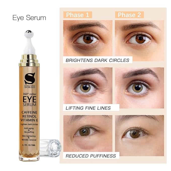Caffeine Eye Serum Anti Aging, Retinol Eye Serum with 360° Massage Ball for Dark Circles and Puffiness, Deeply Moisturizing, Firms and Lifts Eye Skin, Enhance Skin Elasticity, Smooth Fine Lines-VivaGrace Women