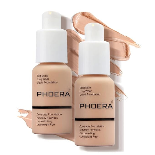 PHOERA Foundation Makeup Naturally Liquid Foundation Full Coverage Mattle Oil-Control Concealer 8 Colors Optional,Great Choice For Gift (2pcs,#103 Warm Peach)-VivaGrace Women