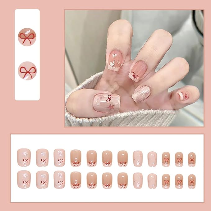 24pcs Pink Press-on Nails: Short Square Glitter Heart Stars Design, French Tip, Reusable Acrylic Nails for Women