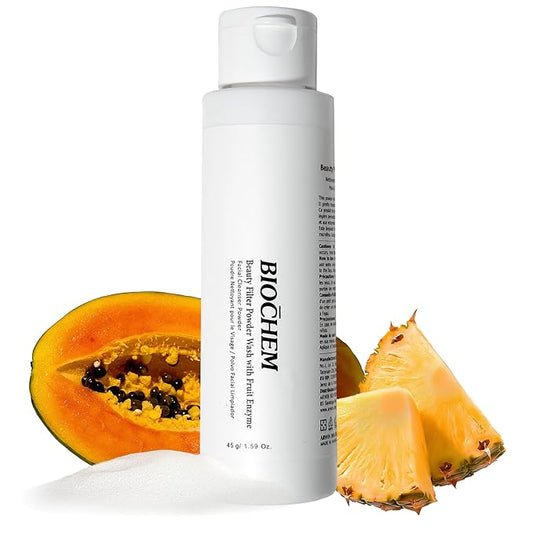 BIOCHEM Beauty Filter Powder Face Wash with Fruit Enzyme, Daily Wash with Papaya & Pineapple Enzyme, Gentle Plant-Based Low pH Exfoliator Cleanser for Women & Men, Sensitive Skin (1.59 fl oz / 45 g)-VivaGrace Women