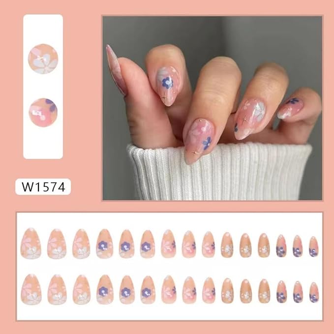 Flower Press Medium Almond Fake Nails with Design Star Glue on Reusable Artificial Acrylic Full Cover Stick on False Nails for Women Girls Manicure 24pcs