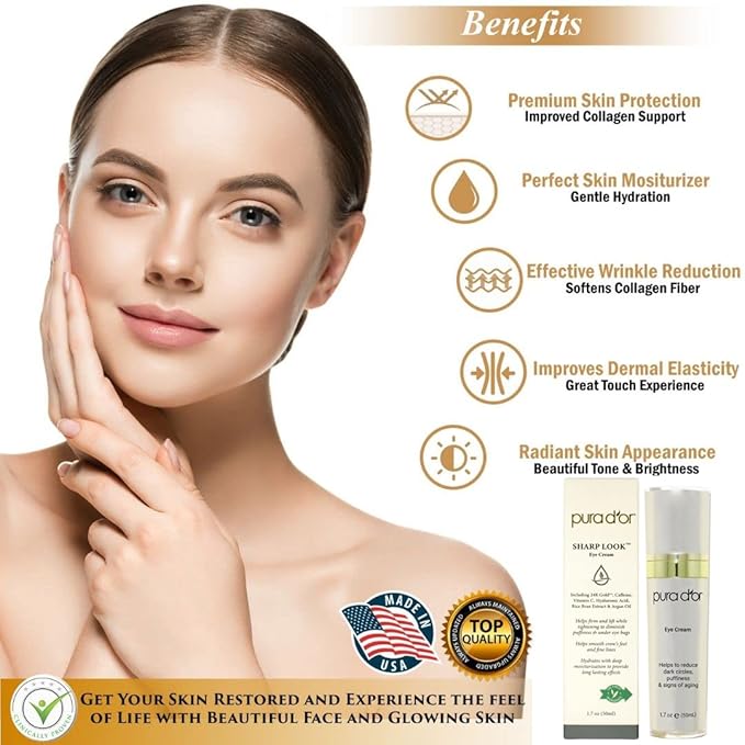 PURA D'OR Sharp Look Eye Cream (1.7oz) Youth-Enhancing Eye Cream For Firm Lift and Reduced Appearance of Wrinkles and Fine Lines, Puffiness and Under Eye Bags With 24K Gold-VivaGrace Women