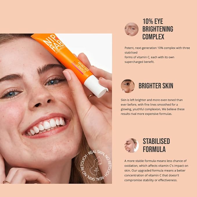 Nip+Fab Vitamin C Fix Eye Cream 10% 0.5 fl oz | with Peptides, Caffeine and Niacinamide for Smoother, Brighter Under Eye Skin | 3 Forms of Vitamin C-VivaGrace Women