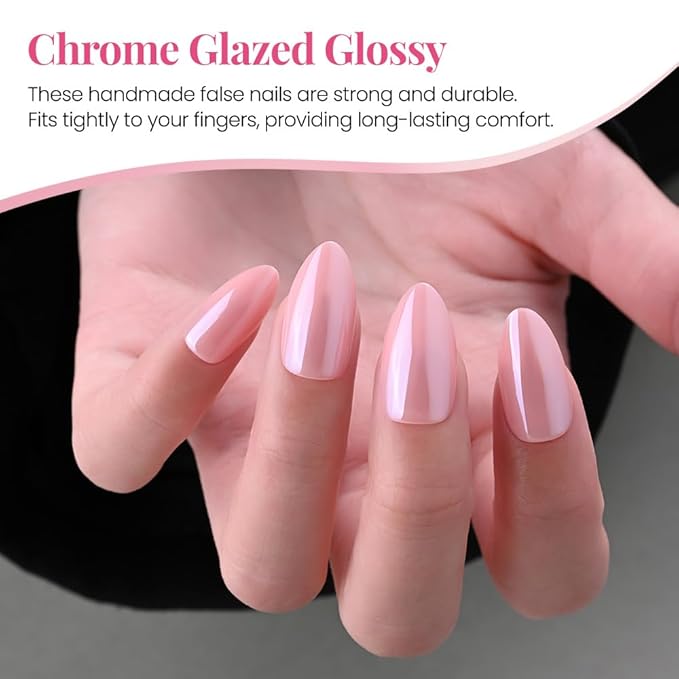 Aurora Chrome Pink Press On Nails Short Almond 30 Pcs, Designer Reusable Acrylic Fake Nails with Glue, Glossy Soft Gel Nails Wedding and Party, Stick On Glue On Nails, Nails fro Women Gift