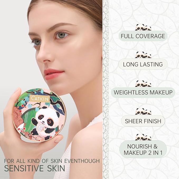 CATKIN Panda Land Full Coverage Cushion Fondation, Breathable Hydrating Nourishing Poreless Face Makeup Save for Sensitive Skin,Sheer Finish (W11 Light)-VivaGrace Women