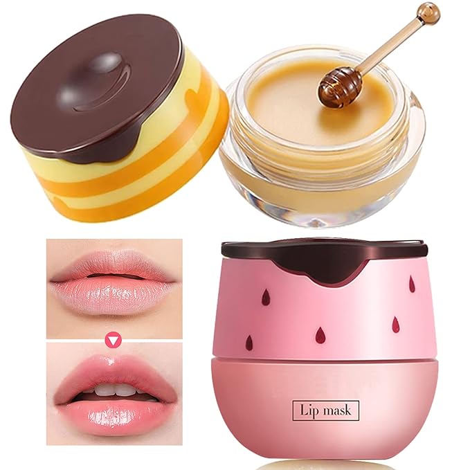 2 PCS Bee Lip Balm Lip Mask Honey Pot, Honey & Strawberry Lip Mask Propolis Moisturizing Lip Balm with Stick - Hydrating Prevention Dry and Cracked Lip Scrubs Exfoliato Lip Wrinkle Care-VivaGrace Women