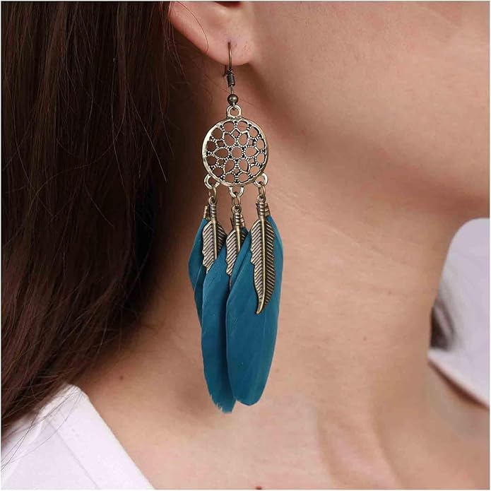 Boho Black Feather Dangle Earrings Long Feather Tassel Earrings Vintage Tribal Feather Earrings Gold Feather Drop Earrings Jewelry for Women-VivaGrace Women
