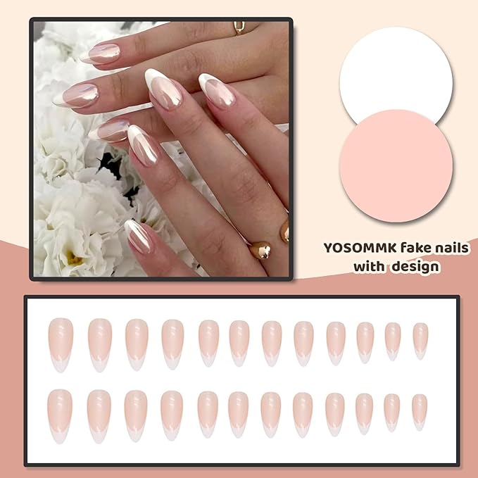 French Tip Chrome Press on Nails Almond Medium Fake Nails with Mirror Designs Glossy Glue on Acrylic Nails Nude Full Cover False Nails for Women