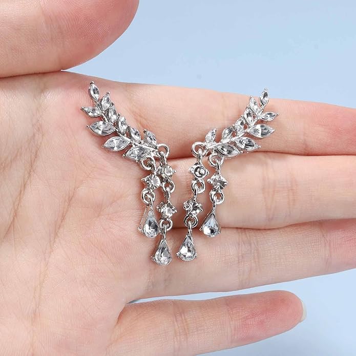 Boho Rhinestone Ear Crawler Earrings Gold Crystal Wing Ear Climber Earrings Angel Wing Crystal Dangle Earrings Cz Wing Studs Earrings Jewelry for Women and Girls-VivaGrace Women