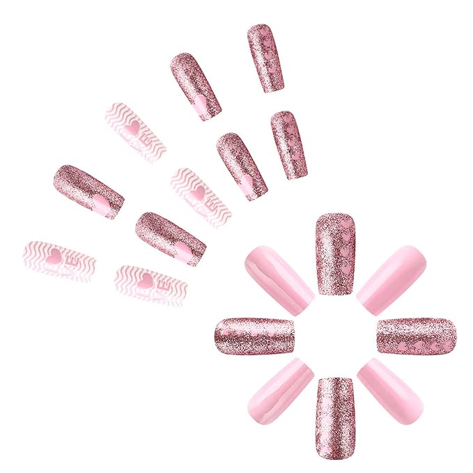 Valentine Press on Nails Medium Square Fake Nails Pink False Nails with Heart Designs Glitter Full Cover Glue on Nails Sparkly Artificial Nails Cute Stick on Nails for Women 24Pcs