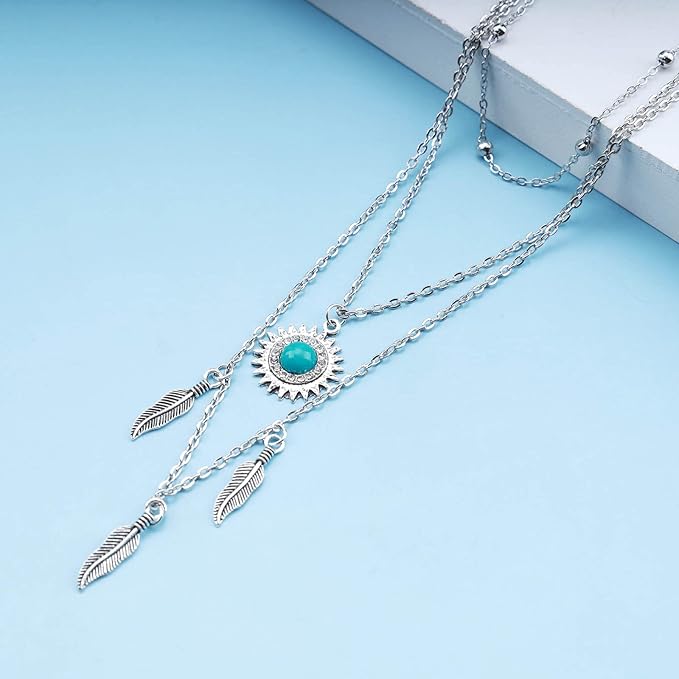 Boho Layered Feather Choker Necklace Turquoise Pendant Necklace Chain Vintage Crystal Paved Sun Necklace Silver Sunflower Necklace Jewelry for Women and Girls-VivaGrace Women