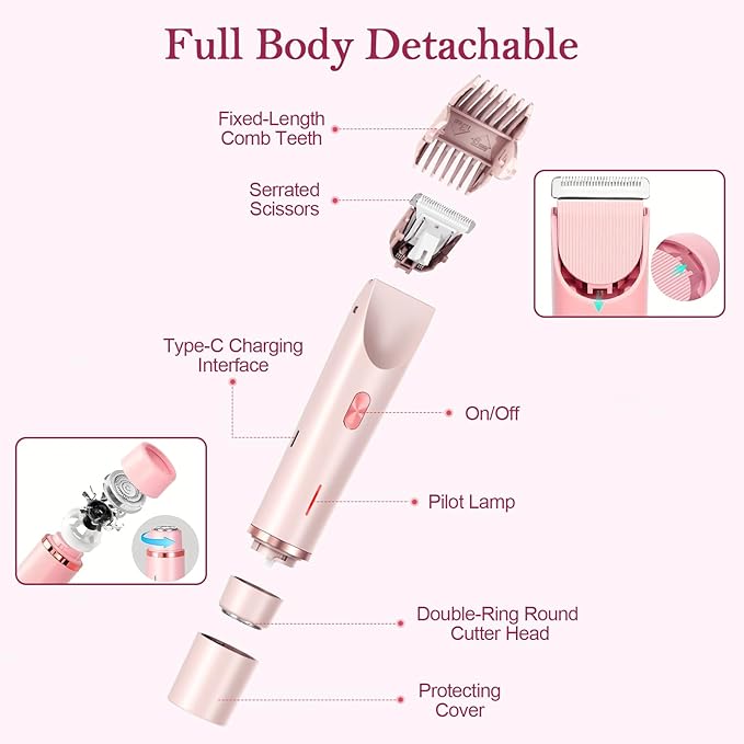 Dermave Bikini Shaver 2.0, 2025 New Glow Aura Bikini Trimmer for Women, 2 in 1 Dual Head Electric Razors for Women, IPX7 Waterproof Wet & Dry Electric Shaver, Rechargeable Portable Body Shaver (Pink)-VivaGrace Women