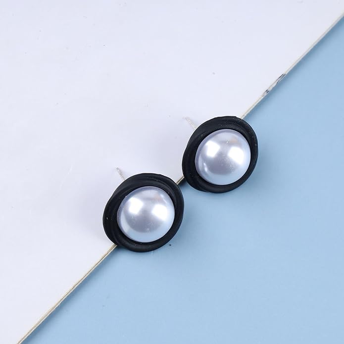 Vintage Mermaid Pearl Stud Earrings Half Pearl Earrings Black Enamel Circle Earrings Mermaid Stud Earrings Jewelry for Women and Girls-VivaGrace Women