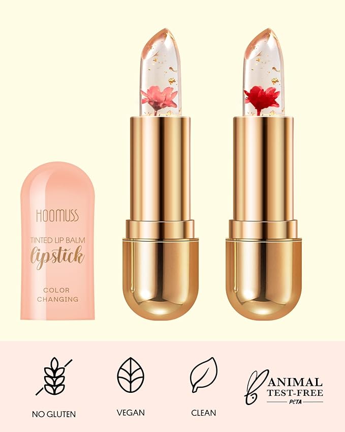 Tinted Lip Balm, Flower Lipstick Tinted Lip Gloss Long Lasting PH Lipstick, Color Changing Lipstick Natural Chapstick, Glitter Pink Shade Lipstick, Red Flower-VivaGrace Women