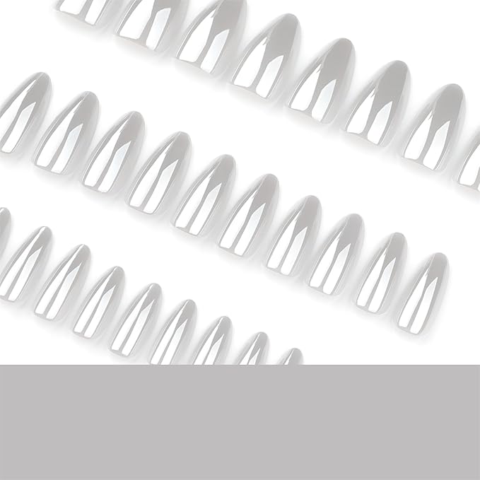 Medium Fake Nails Almond Press on Nails with Chrome Designs Glossy False Nails Grey Stick on Acrylic Nails for Women and Girls