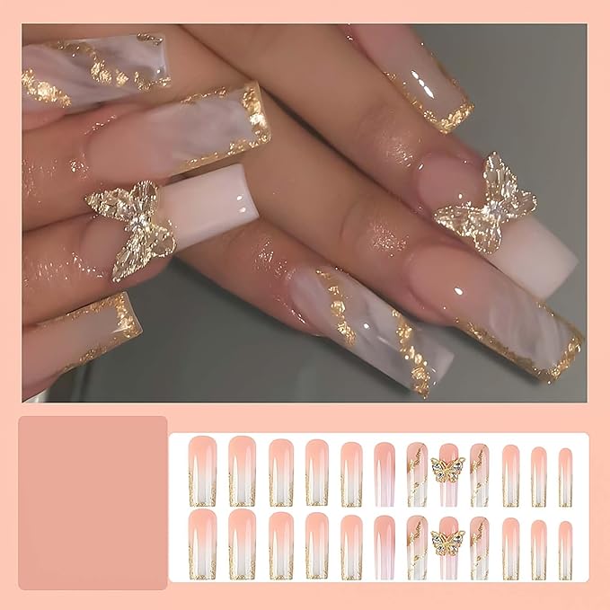 Nail Press ons Long Press on Nails Coffin Fake Fingernails Glossy Ombre Acrylic False Nails with 3D Butterfly Designs Gold Glitter Powder Artificial Nails Stick on Nails for Women 24Pcs