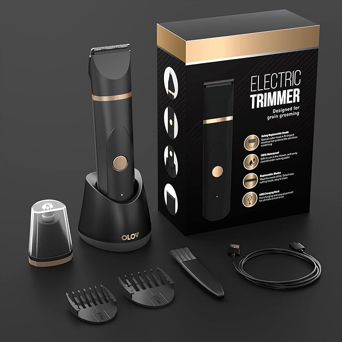 OLOV Electric Body Hair Trimmer - Groin Trimmer for Men - Bikini Trimmer Women - Wet/Dry Shaver Groomer, Replaceable Ceramic Blade Heads, USB Recharge Dock, Waterproof Hygiene Razor,Black-VivaGrace Women