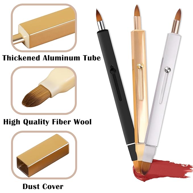 3 Pack Lip Brush for Lipstick Makeup Brushes Double-Ended Retractable Lip Brush with Cap Dustproof for Lipstick Gloss Creams Portable with Cap(Black + Gold + Silver)-VivaGrace Women