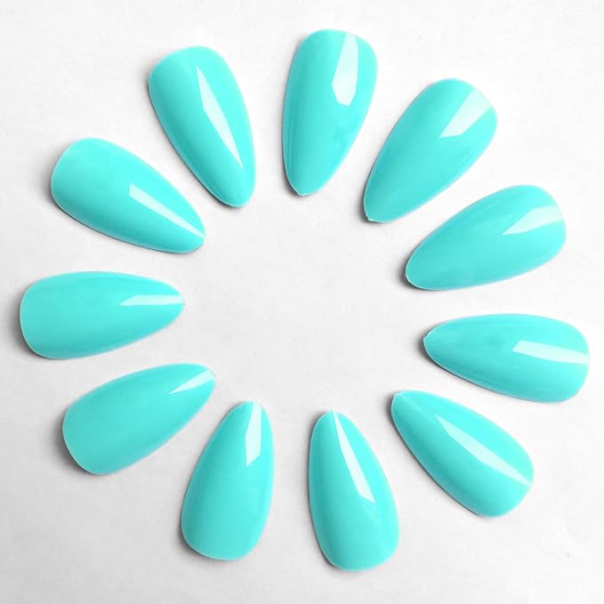 LoveOurHome 240pc Almond Press on Nails Medium Stiletto Fake Fingernails Full Cover False Artificial Nail Tips Blue Manicure Decor with Tabs for Women Girls