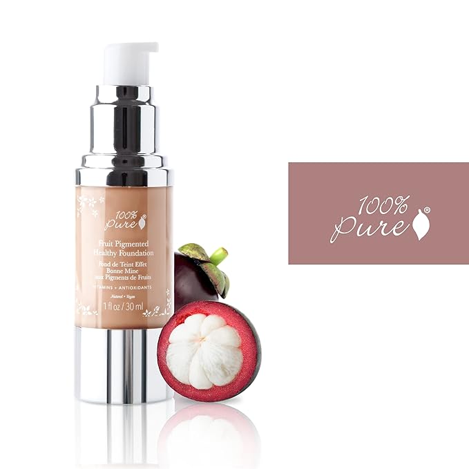 100% PURE Healthy Foundation Full Face Coverage Makeup, Liquid Matte Finish with Anti-Aging Benefits - Vegan Gorgeous Fruit Pigmented Peach Bisque Color (Medium with Olive Undertone) - 1 Fl Oz-VivaGrace Women