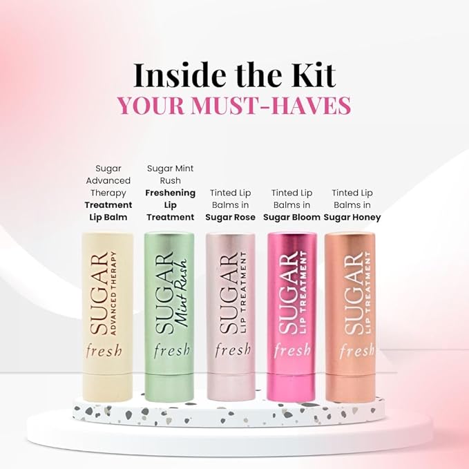 Fresh Color & Care Lip Collection Holiday Gift Set:: Tinted Lip Balms in Sugar Rosé, Honey, Bloom, Sugar Advanced Therapy, Mint Rush Lip Treatment-VivaGrace Women