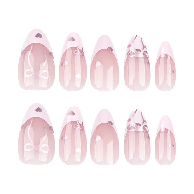 Press-On Nails - Medium Almond French Tip Nude Glossy Artificial Acrylic Nails with Silver Heart Design - 24 Pcs