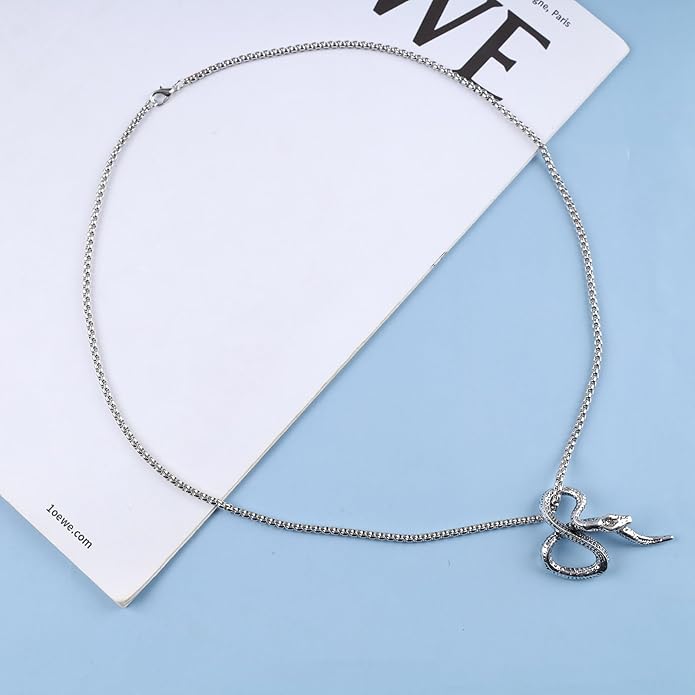 Vintage Snake Pendant Necklace Punk Snake Necklace Serpent Choker Necklace Silver Box Chain Necklace Jewelry for Women-VivaGrace Women
