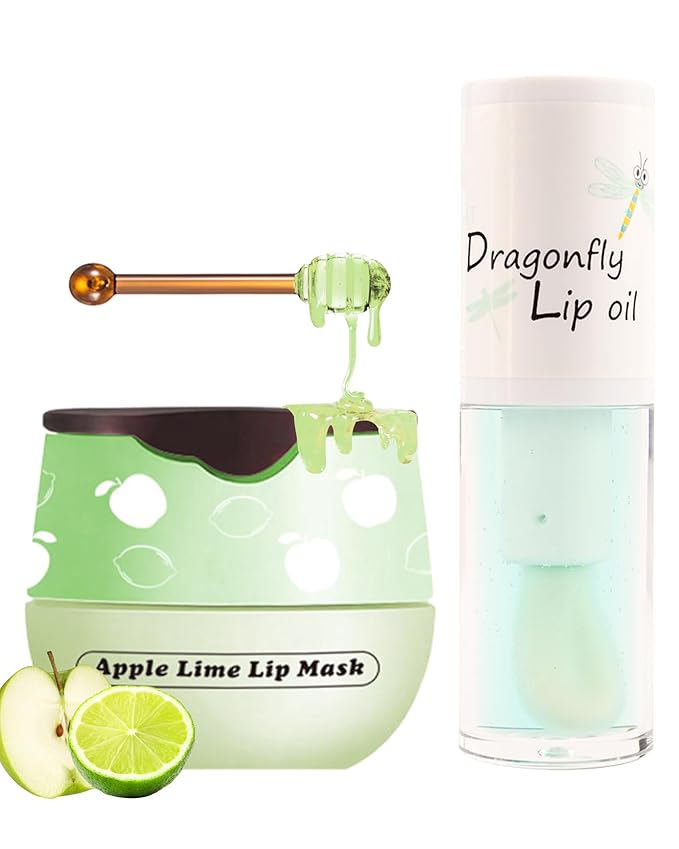 2Pcs Apple Lime Lip Bee Balm Honey Pot Lip Mask & Lip Glowy Oil Lip Gloss Care Set, Propolis Moisturizing & Nourish Lip Gloss Repair, Plump Dry Cracked Lip Scrub Exfoliator bálsamo para labios -Set D-VivaGrace Women