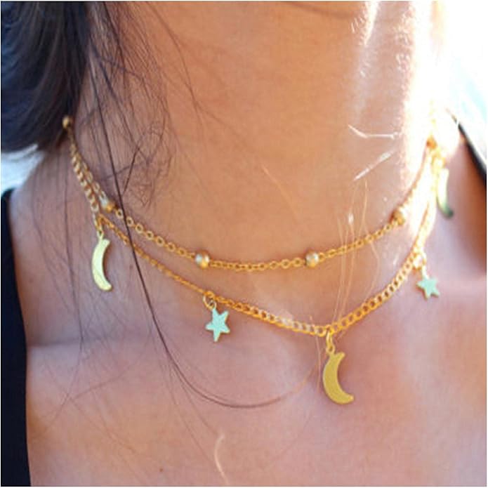 Boho Star Moon Necklace Choker Gold Layered Star Choker Necklace Crescent Moon Necklace Celestial Necklace Chain Festival Jewelry for Women and Girls-VivaGrace Women