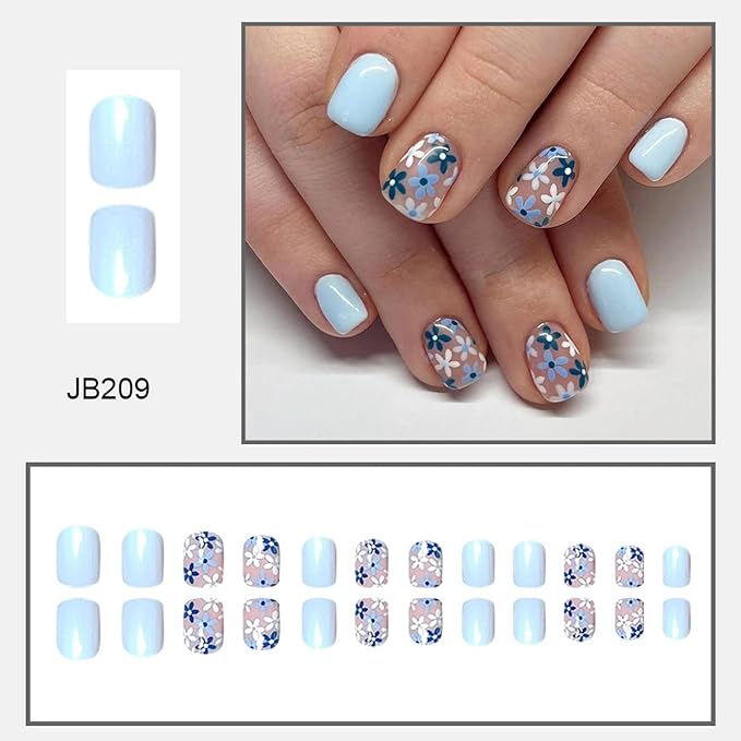 OCOUYVD Flower Fake Nails Extra Short Press on Nails Square Cute Blue False Nails with Small Floral Designs Acrylic Nails Spring Press on Nails Glossy Artificial Nails for Women Manicure