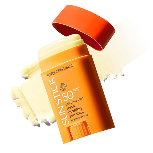 Nature Republic California Aloe Fresh Powdery Sun Stick Broad Spectrum SPF50+ | Korean Sunscreen Travel Size Suncare Sunblock, No Whitecast, non-sticky, Water resistant-VivaGrace Women