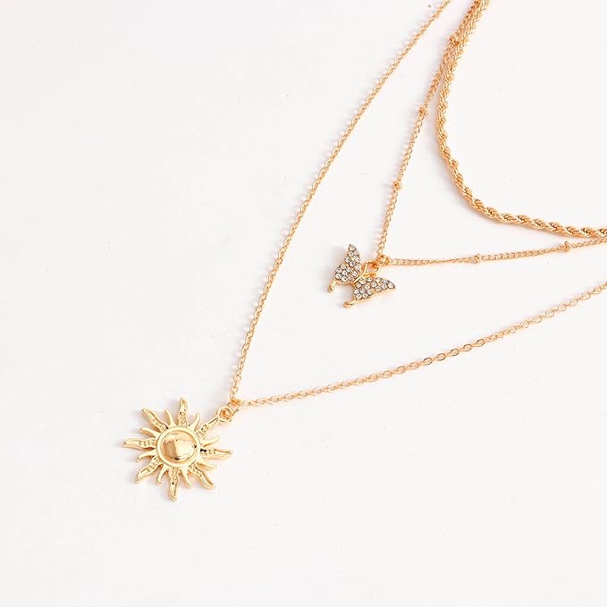 Bohemia Layered Sun Necklace Choker Crystal Butterfly Pendant Necklace Gold Rope Chain Necklace Vintage Sunflower Necklace Jewelry for Women and Girls-VivaGrace Women