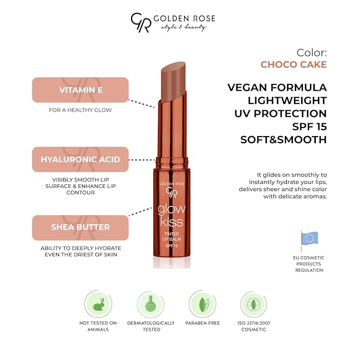 Golden Rose Cosmetics Glow Kiss Tinted Lip Balm with SPF15, Vegan Formula (Choco Cake)-VivaGrace Women