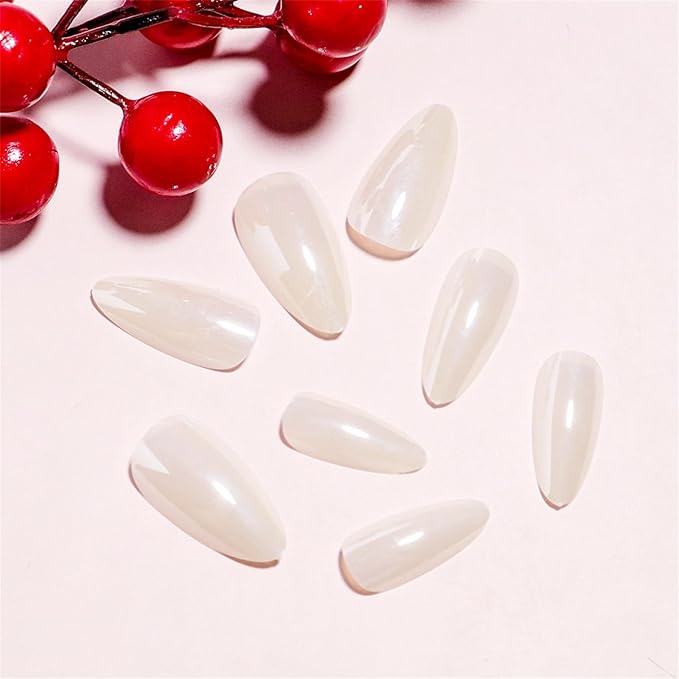 Medium Press on Nails Almond Fake Nails with Chrome Designs Glossy False Nails White Glue on Acrylic Nails for Women and Girls
