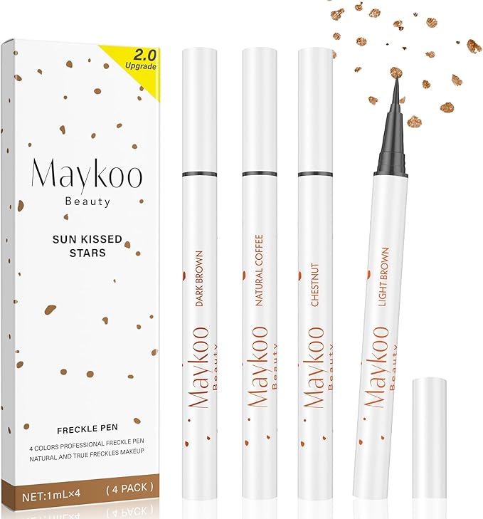 4 Colors Freckle Pen Set, Natural Lifelike Face Fake Freckle Stamp Makeup Pen Waterproof Long Lasting Quick Dry Faux Freckles Sun-kissed Makeup-Light Brown,Natural Coffee,Chestnut,Dark Brown-VivaGrace Women