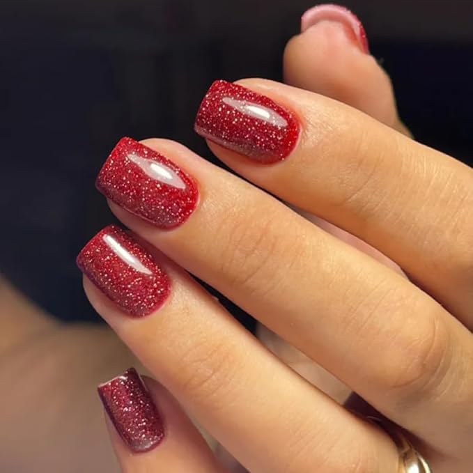 KQueenest Red Glitter Nails Press ons, Gel Press on Nails Short Square, Long Lasting Sparkly Shiny Fake Nails Cute, Luxury Glue on Nails Short, Bling False Nails for Festival Manicure, 24 Pcs