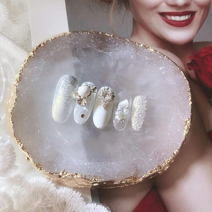 1pc White Golden Edge Resin Nail Art Palettes Nail Mixing Palette Polish Color Mixing Plate Nail Holder Display Cosmetic Mixing Tools Makeup Palette Tray Accessories (white)-VivaGrace Women