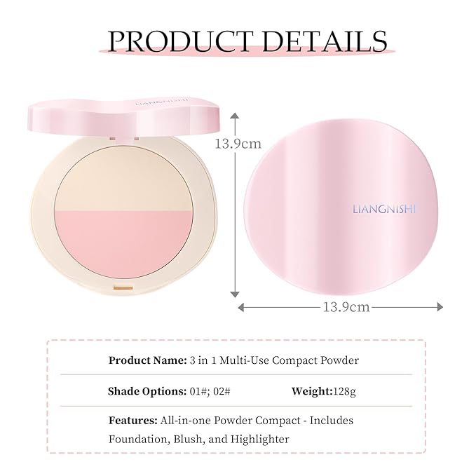 Pink Setting Powder, 3 in 1 Blush Palette with Puff, Highlighter Palette, Fine Texture Blush Pressed Powder, Setting Powder Makeup, Korea Makeup - Pink-VivaGrace Women