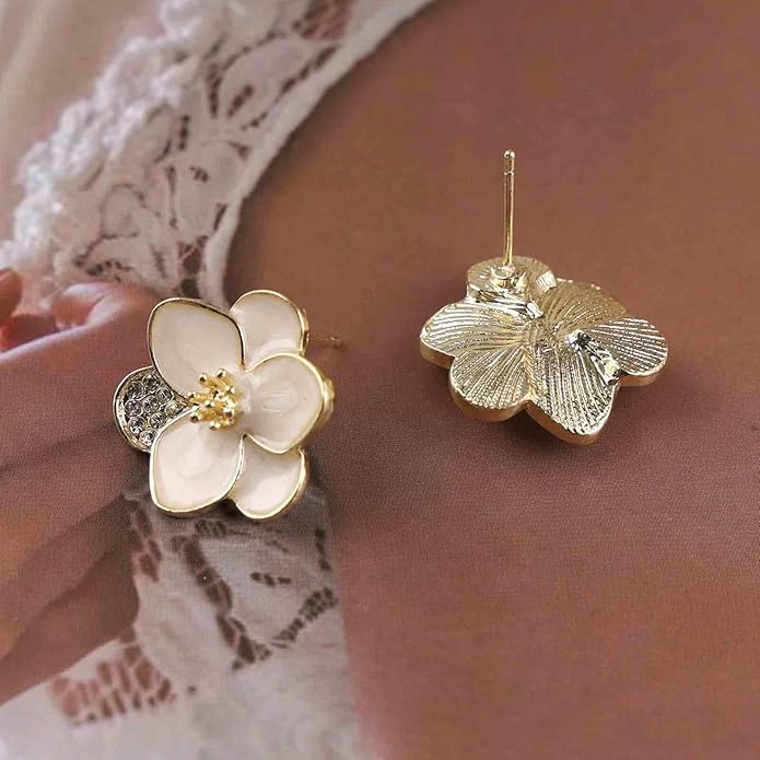 Vintage Enamel Flower Stud Earrings Camellia Flower Earrings Gold Crystal Flower Petal Earrings White Petal Stud Earrings Jewelry for Women-VivaGrace Women