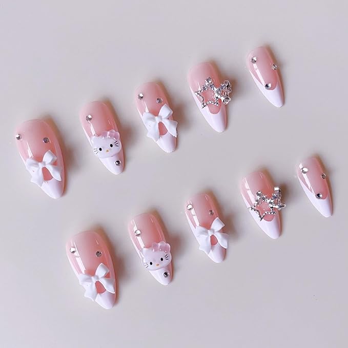 French Tip Press on Nails - Pink Cute Almond Fake Nails - White French Nail Cartoon Press ons Bow Star False Nail Tips Stick on Artificial Rhinestones Nails for Women 24pcs