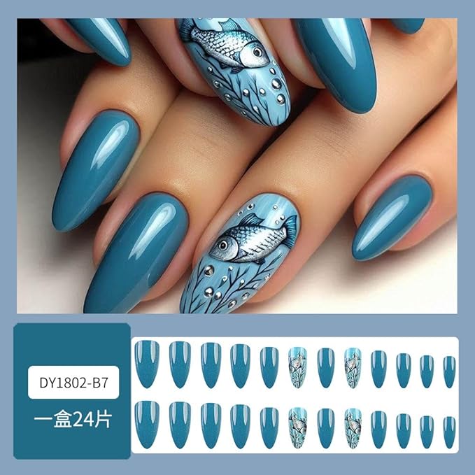 Blue Press on Nails Ocean Medium Almond Fake Nails with Design Fish Glue on Nails Glossy Summer Nails Press on,Reusable False Nails for Women Girls Manicure 24pcs