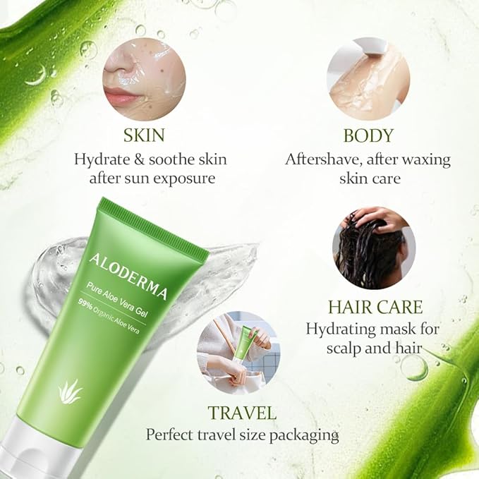 Aloderma 99% Organic Aloe Vera Gel Made within 12 Hours of Harvest, Easy Travel Size Tube for Body, Face, & Scalp, Cooling & Soothing Support for Skin & Sunburn, Hydrating Aloe Gel, 1.5oz - 2ct-VivaGrace Women