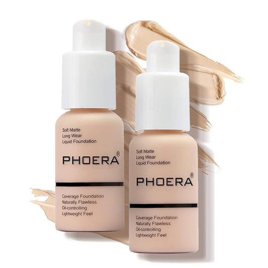 PHOERA Foundation Makeup Naturally Liquid Foundation Full Coverage Mattle Oil-Control Concealer 8 Colors Optional,Great Choice For Gift (2pcs,#101 Porcelain))-VivaGrace Women