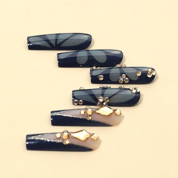 Dark Blue Press on Nails Long Nails Press Ons with Butterfly and Rhinestone Design for Women and Girls 24pcs (Dark Blue)