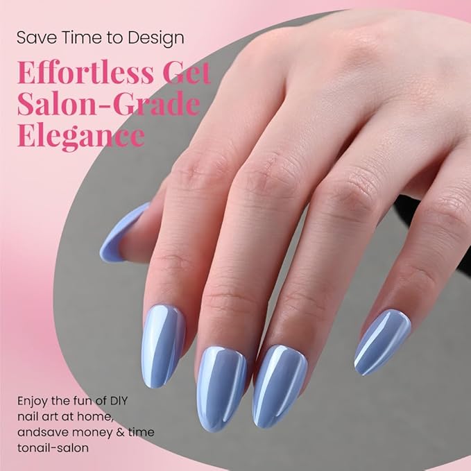 Aurora Chrome Blue Press On Nails Short Almond 30 Pcs, Designer Reusable Acrylic Fake Nails with Glue, Glossy Soft Gel Nails Wedding and Party, Stick On Glue On Nails, Nails fro Women Gift