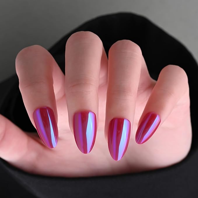 Chrome Spring Press on Nails Short Almond, Pink-Purple Press on Nails Almond, Fashion Gel Fake Nails, Reusable Glossy Stick on Nails for Women, Glue on Nails Kit,15 Sizes - 30Pcs