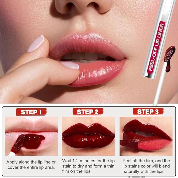 3 Colors Peel Off Lip Liner Stain Kit, Long Wear Matte Lip Tint Stain Set with Tweezer for Women, Waterproof Transfer Proof Highly Pigmented Peel Off Liquid Lipstick for All Skin Types (#1,2,3)-VivaGrace Women
