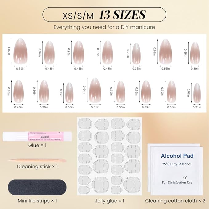 Nude Press On Nails Almond, Cat Eye Fake Nails with French Tips Gradient Blush Design, Glossy Gel Finish Acrylic Press On Nails, Thick Natural Reusable Glue On Nails for Women, Ethereal Blush